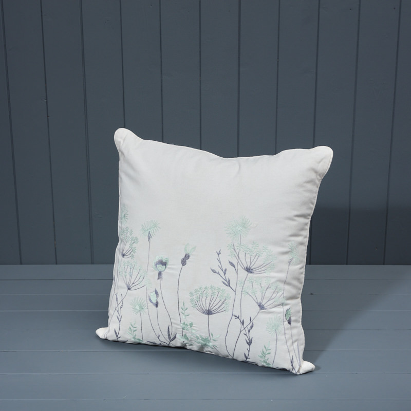 Grey and Turquoise Embroidered Floral Cushion detail page